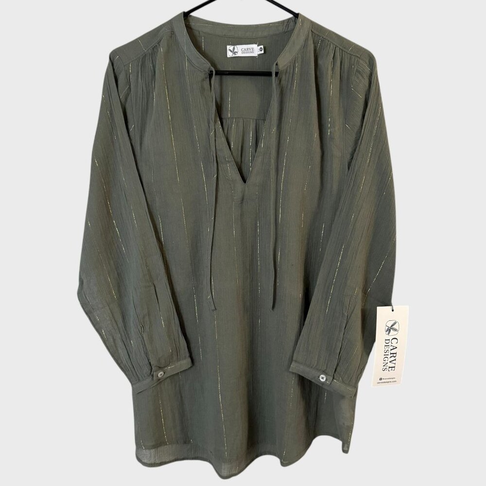 Carve Designs Metallic Stripe Tunic Top Green Women's Medium Organic Cotton New